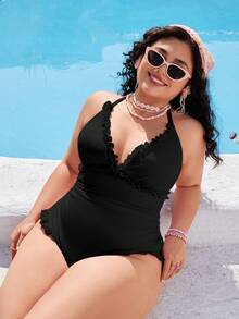 Swim Mod Plus Size Women's One-Piece Swimsuit, Sweet & Cute Casual Beach Holiday, Pink Textured Fabric With Ruffle Halter Tie-Up Design - Black - View 5