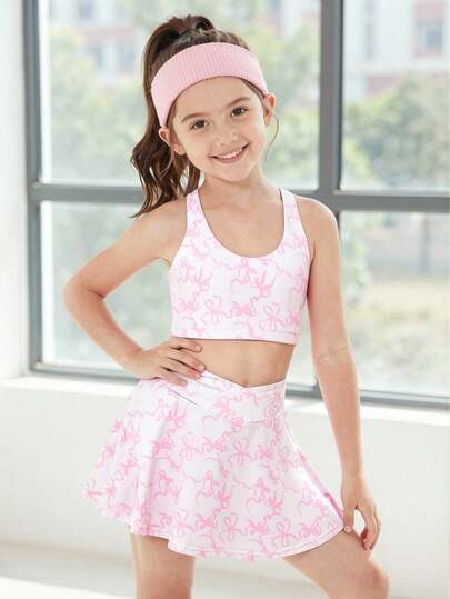 SHEIN 少女粉色简约印花时尚运动背心裙套装，适合舞蹈表演和日常休闲运动。