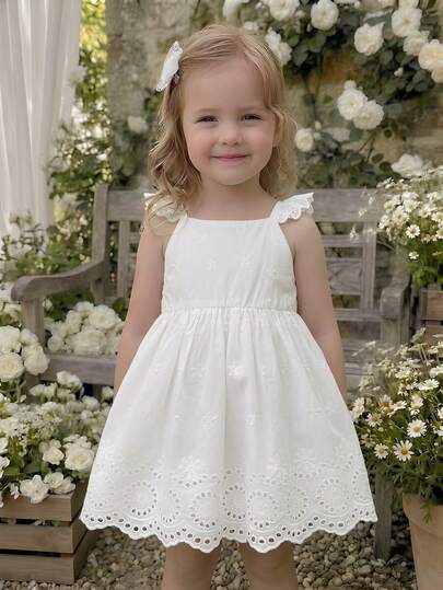 SHEIN Vestido casual de manga corta blanco para niña pequeña, vestido elegante de color albaricoque con bordado y lazo sin mangas con volantes, blusa casual de verano con textura y lazo delantero para niñas, blusa blanca de ojal de verano para niñas, vestido de fiesta de té para niñas, vestido con estampado floral para niña pequeña, vestido blanco de manga corta con estampado floral para niñas