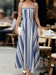 EMERY ROSE Non-Positioned Printed Spaghetti Strap Square Neck Waist Gathered A-Line Elegant Romantic Delicate Dress, Sexy Striped - Multicolor - View 3