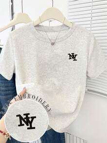 Resyla Women's Black NY Letter Embroidered Loose Round Neck Short Sleeve T-Shirt,Casual Summer Top,School Back-To-School Outdoor Elegant Comfortable Tee - Light Grey - View 1