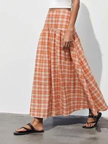 Maija Women's Casual Long Plaid Midi Skirt - Orange - View 2