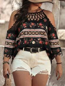 EMERY ROSE Camisa de hombros descubiertos con corte láser de talla grande, elegante y casual para vacaciones - Negro - Ver 3