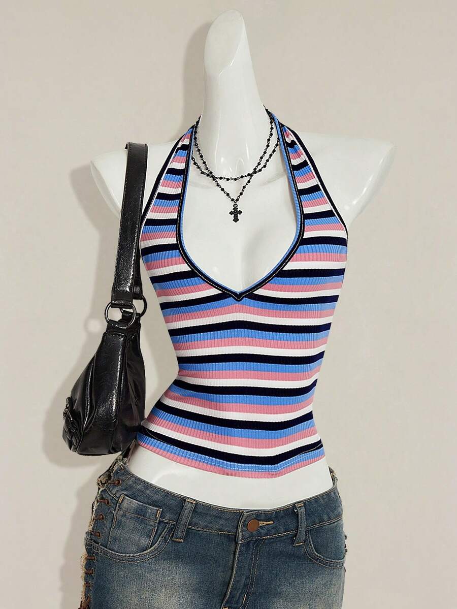SHEIN ICON Sexy Deep V-Neck Rainbow Striped Tight Camisole,Summer Top - Multicolor - View 1