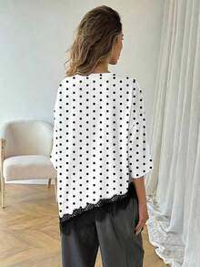 T-shirt asymétrique à pois, patchwork en dentelle, style décontracté pour ados filles en été - Blanc - Voir 2