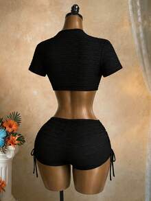 Lyxana Women's Fashionable Sexy Bodycon Shorts With Metal Buckle Decor, Drawstring Waist And Ruched Side, Suitable For Vacation And Daily Wear - Black - View 2