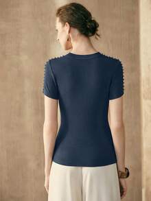 Arave Camiseta de manga corta casual, de fiesta, de cita o de vacaciones para mujer, con cuello redondo, parches, malla calada y ajustada - Azul - Ver 3