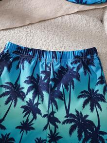 SHEIN Playful Pals 男婴三件套夏季套装：白色时尚字母印花背心、棕榈树印花沙滩短裤、配套帽子，适合海滩度假、日常休闲穿着和户外活动 - 藍色 - 查看 7