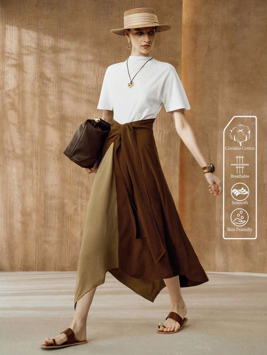 Arave Đầm nữ kiểu retro bằng vải cotton, chất liệu co giãn, cổ đứng, vai rộng, phối màu tương phản, dây rút ở gấu đầm, thiết kế bất đối xứng, phù hợp cho cả mặc hàng ngày và đi làm. - trắng - Xem 1