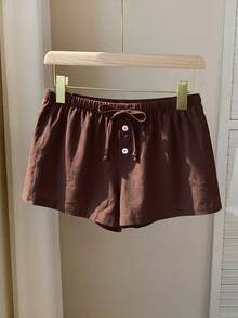 Comfortcana Celana Pendek Katun Linen Polos Kasual Wanita, Musim Panas - Coklat - View 9