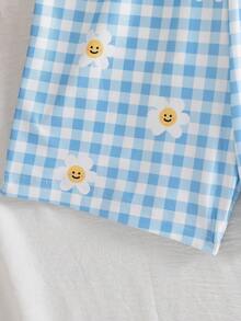SHEIN Elladie kids 4-7岁女童三件套针织牛奶丝连体衣套装，甜美休闲度假风：纯色+大花朵图案+雏菊格纹印花，柔软舒适，适合宝宝日常穿着、幼儿园活动、户外玩耍，夏季百搭 - 彩色 - 查看 4