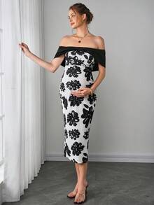 Momance 孕妇针织印花露肩夏季连衣裙 - 黑與白 - 查看 3