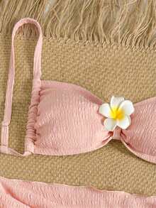 Swim Vcay Plus Size Women's Solid Color Floral Accessory Beach Resort 3-Piece Bikini Swimwear Set - Brown - View 3