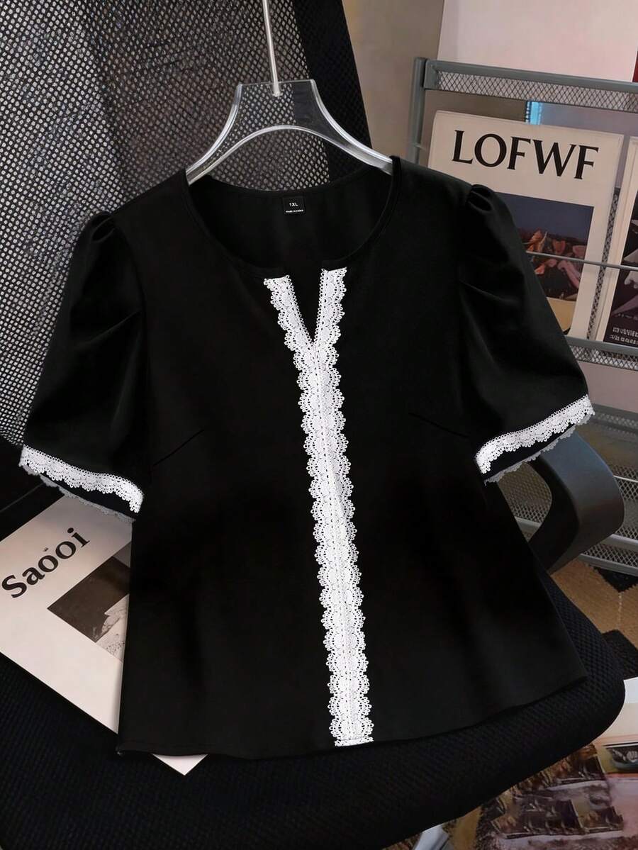 GlowEve CURVE Plus Size Women Casual Contrast Lace Short Sleeve Shirt - Multicolor - View 1