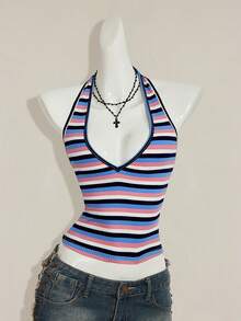 SHEIN ICON Sexy Deep V-Neck Rainbow Striped Tight Camisole,Summer Top - Multicolor - View 4