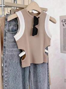 INAWLY Atasan Camisole Wanita Kasual Musim Panas dengan Blok Warna dan Bagian Dalam Berongga - Unta - View 3