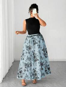 Elenzga Rochie elegantă cu imprimeu floral, fără mâneci, în formă de A, cu legături în talie, potrivită pentru festivaluri de muzică, sărbători, purtare zilnică, cumpărături și naveta - Multicolor - Vizualizare 4