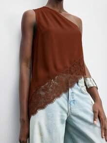 SHEIN Maija Áo kiểu nữ không tay vai lệch, màu trơn, xếp ly, thích hợp cho mùa xuân, hè, đầu thu, dịp Quốc khánh, mùa tốt nghiệp. - màu nâu - Xem 4