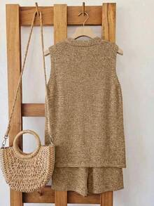 GlowEve 2pcs V-Neck Sleeveless Casual Button Front Knit Sweater Set - Camel - View 2