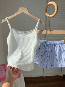 Comfortcana Ensemble 2 pièces décontracté pour femmes, composé d'un débardeur en dentelle avec nœud décoratif et d'un short rayé - Bleu azur - Voir 4