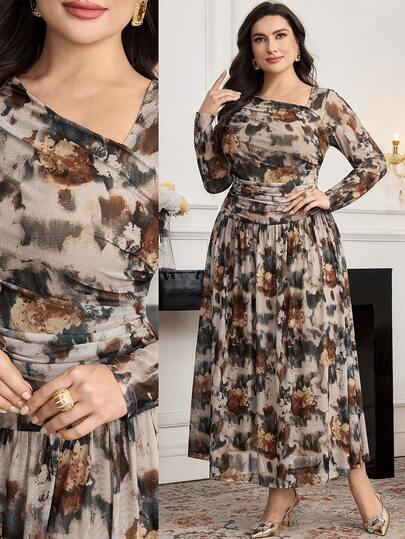 Modelyn Plus Size Women's Oblique Collar Long Sleeve Ruffle Bowknot A-Line Waist Tie Belted Slim Fit Casual Elegant Maxi Dress, Suitable For Office, Airport, Commute, Family Gathering, Party, Business Attire