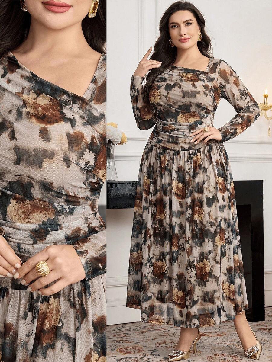 Modelyn Plus Size Women's Oblique Collar Long Sleeve Ruffle Bowknot A-Line Waist Tie Belted Slim Fit Casual Elegant Maxi Dress, Suitable For Office, Airport, Commute, Family Gathering, Party, Business Attire