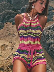 Swim Vcay 2pcs/Set Young Women's Elegant Multi-Color Knitted Top & Shorts Vacation Outfit For Summer - Multicolor - View 8