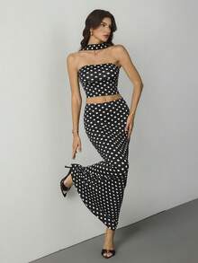 SHEIN Tall Bộ đồ 2 món Vacation Knit họa tiết chấm bi cổ điển gồm áo tank top ngắn ôm dáng và chân váy đuôi cá cạp thấp dành cho nữ. - màu đen - Xem 3