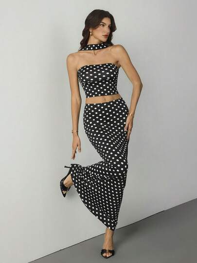 SHEIN Tall 女士度假针织经典波点图案修身短款背心和低腰鱼尾裙两件套