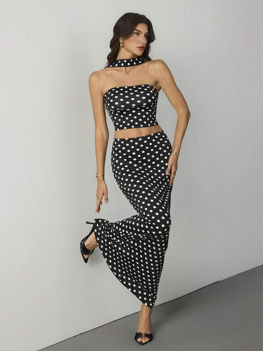 SHEIN Tall 女士度假针织经典波点图案修身短款背心和低腰鱼尾裙两件套 - 黑色 - 查看 1