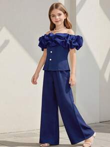 SHEIN Setelan Celana Panjang Model Korea Warna Biru Tua 2 Potong untuk Remaja Perempuan, Manis & Lembut, Potongan Lebar di Bagian Bawah, Satu Bahu, Cocok untuk Musim Panas, Pernikahan, Pakaian Sehari-hari, dan Pesta - Navy Blue - View 3