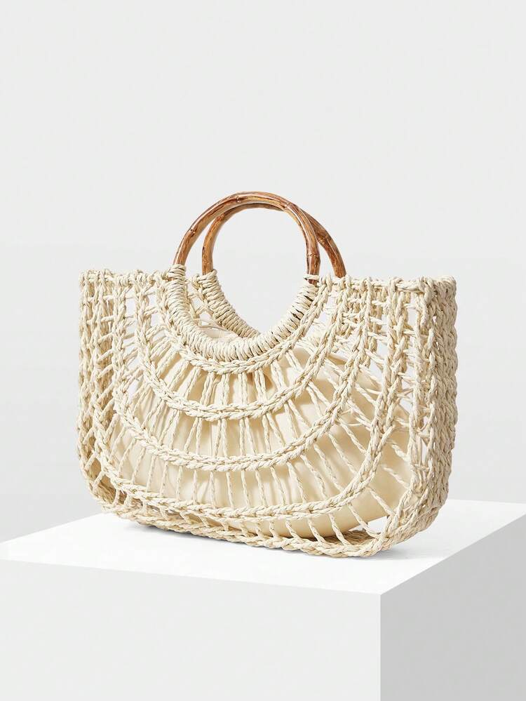 WOMEN'S FASHION HOLIDAY BEIGE HOLLOW STRAW HANDBAG, LARGE-CAPACITY PORTABLE TOTE BAG, SUITABLE FOR VACATION TRAVEL, BEACH AND SEASIDE MATCHING
