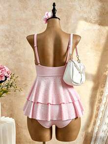 Swim Mod Plus Size 2pcs Solid Color Ruffle Chest Drawstring Wide Strap Drawstring Bottoms Casual Simple Plus Size Swimsuit For Summer Beach Vacation - Pink - View 6