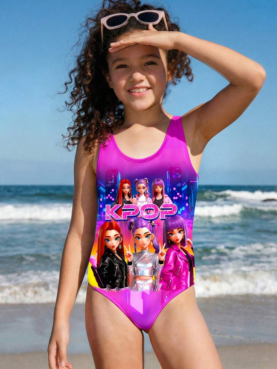 SHEIN 时尚韩流卡通少女印花连体泳衣，适合年轻女孩夏季穿着 - 彩色 - 查看 1