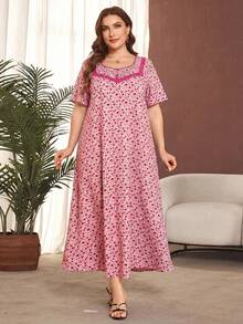 Lacomfia Plus Size Ditsy Floral Short Sleeve Ruffle Hem Casual Maxi Dress - Pink - View 6