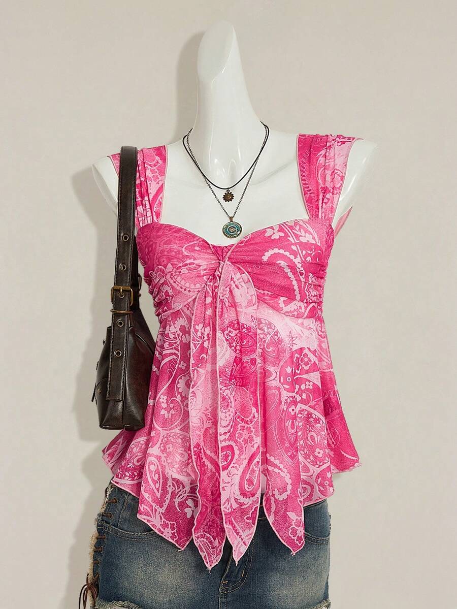 SHEIN ICON 女士性感Y2K露背系带水钻镂空黑色短款上衣 - 粉色 - 查看 1
