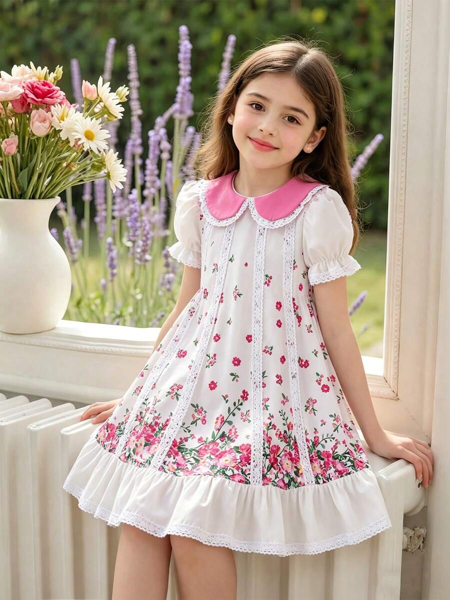 Elladie kids 少女甜美花卉印花夏季洋裝，白色仙女派對復古田園風泡泡袖彼得潘領蕾絲飾邊荷葉邊裙襬優雅洋裝