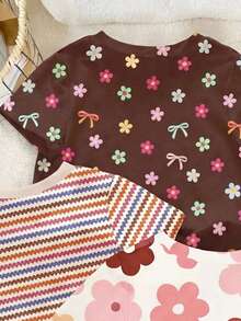 Set de 3 piezas de camiseta y leggings de primavera y verano con estampado floral y de rayas, de moda, cómodo y elegante para niñas, adecuado para uso casual al aire libre y de vacaciones - Multicolor - Ver 3