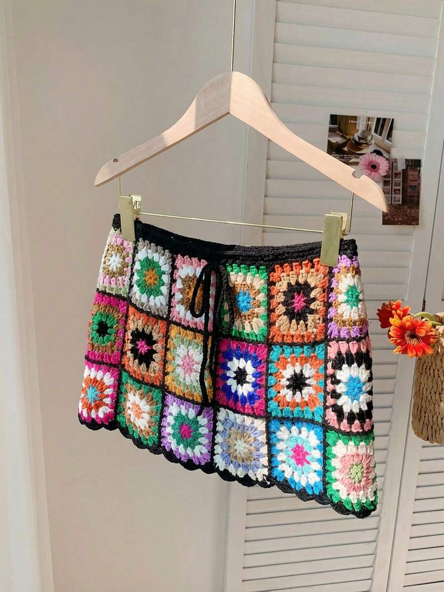 Comfortcana Chân váy ngắn dệt kim họa tiết hoa nhí nhiều màu sắc dành cho nữ, thích hợp cho mùa hè. - Nhiều màu - Xem 1