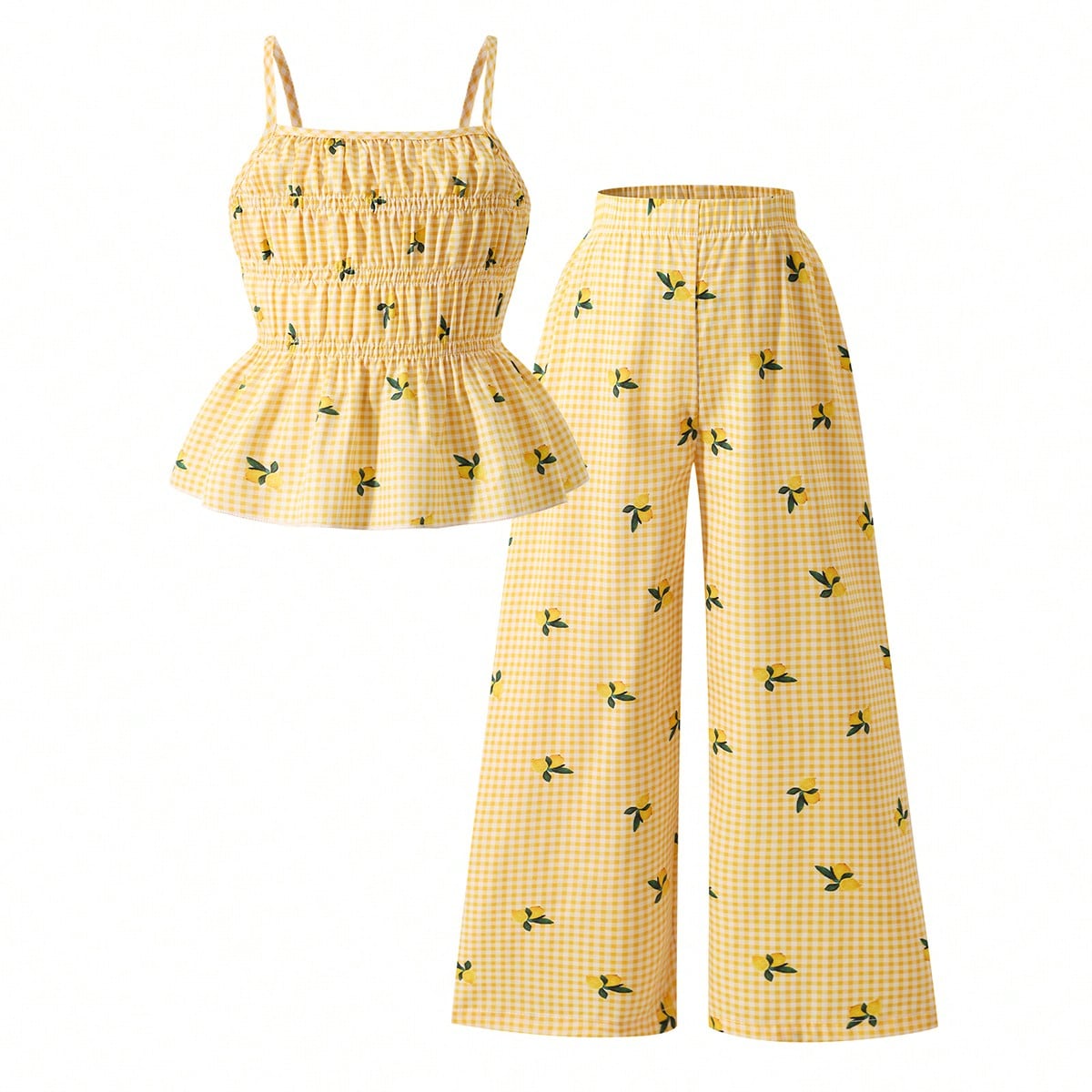 Conjunto de camiseta de tirantes con estampado de rayas y lazo, y pantalones de pierna ancha para niña, conjunto de verano con top smocked y pantalon