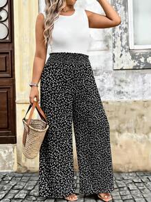 EMERY ROSE Plus Size Women Elastic Waist Ditsy Floral Loose Wide Leg Pants, Versatile - Multicolor - View 1