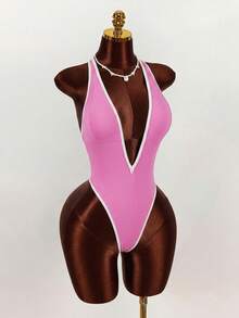 Amplova 一件式女士黑白撞色性感连体衣，紧身连体泳衣，深V领，露背蝴蝶结设计，适合情人节高端装扮 - 粉色 - 查看 5