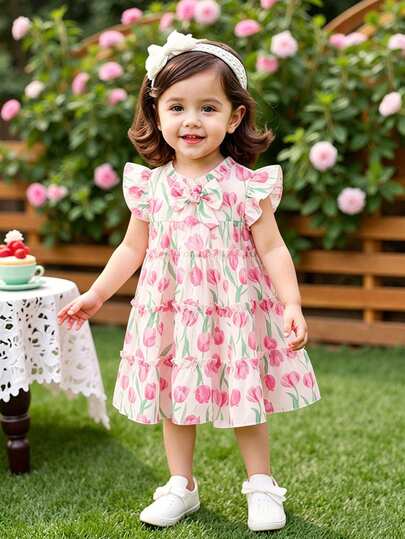 Souflis Souflis Baby Girl Elegant Luxurious Cute Cake Skirt Dress, Featuring Multi-Layer Cake Skirt Design, The Dress Body Is Composed Of Layered Ruffled Tiers That Naturally Drape To Form A Fluffy A-Line Silhouette, Visually Light And Dynamic With Abundant Layers. Round Neckline With A Matching Fabric Bow Accent At The Center, Adding Sweetness; Shoulder Features Small Flutter/Ruffle Sleeves