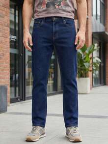 Jeans para hombre Azul Marino marca E X estilo clásico y moderno, Pantalones de mezclilla cómodos y versátiles,  slim fit, ideales para uso diario, trabajo o estilo casual - Azul Marino - Ver 1