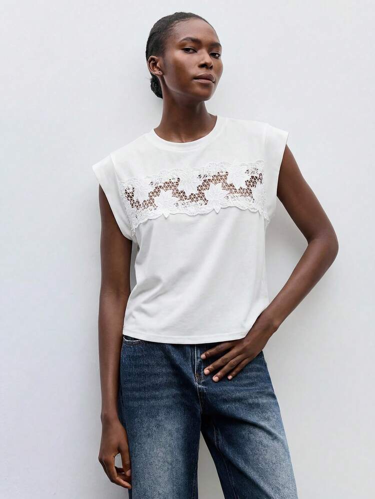 SHEIN Maija Women's Solid Color Round Neck Contrast Lace Casual T-Shirt