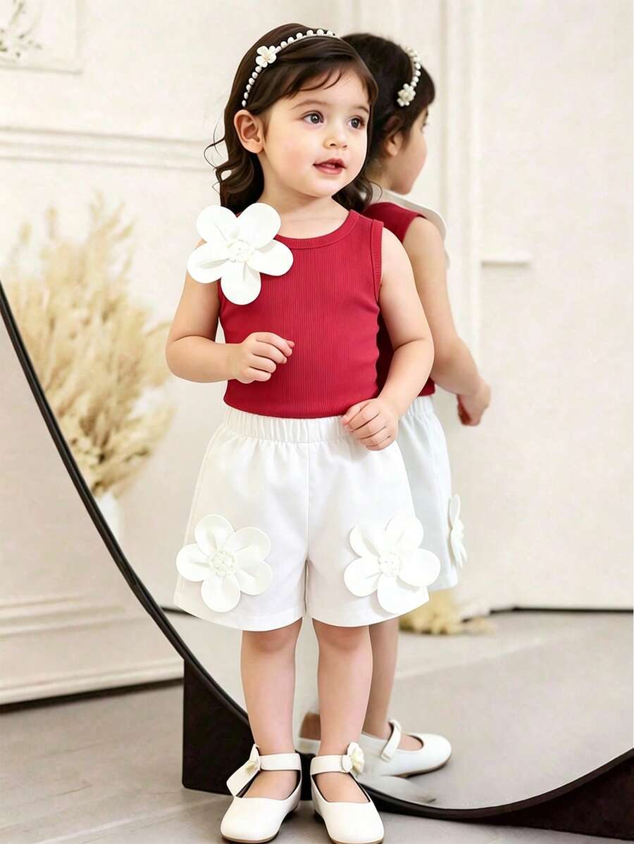 女婴夏季休闲度假碎花背心和松紧腰短裤套装 - 紅白色 - 查看 1