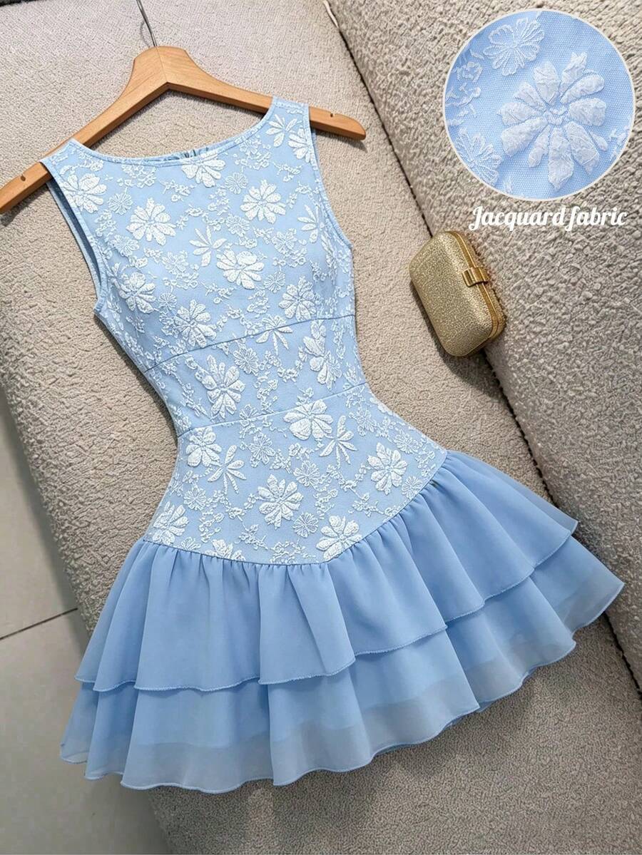 GlowEve Women's Round Neck Jacquard Pleated Color Block Elegant Waist Midi Dress, Suitable For Dates And Parties - Baby Blue - View 1