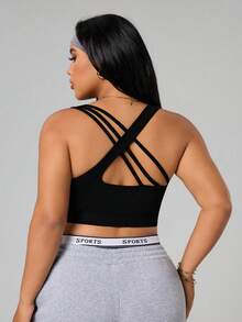 SHEIN Sports Plus Size Seamless Black Sports Bra For Women,Summer Athletic Curve Gym Tops,Strappy Back Spaghetti Straps Crop Top Activewear Athletic Tops - Black - View 2