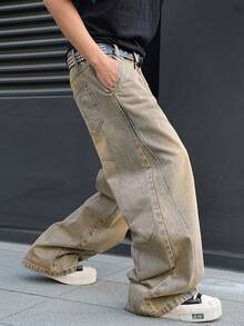 Manfinity EMRG Men's Casual Distressed Embroidered Vintage Denim Jeans - Light Yellow - View 8