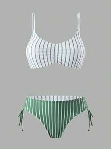 Swim Vcay Women's Vacation Beach Colorblock Striped Swimwear Set - Green - View 3